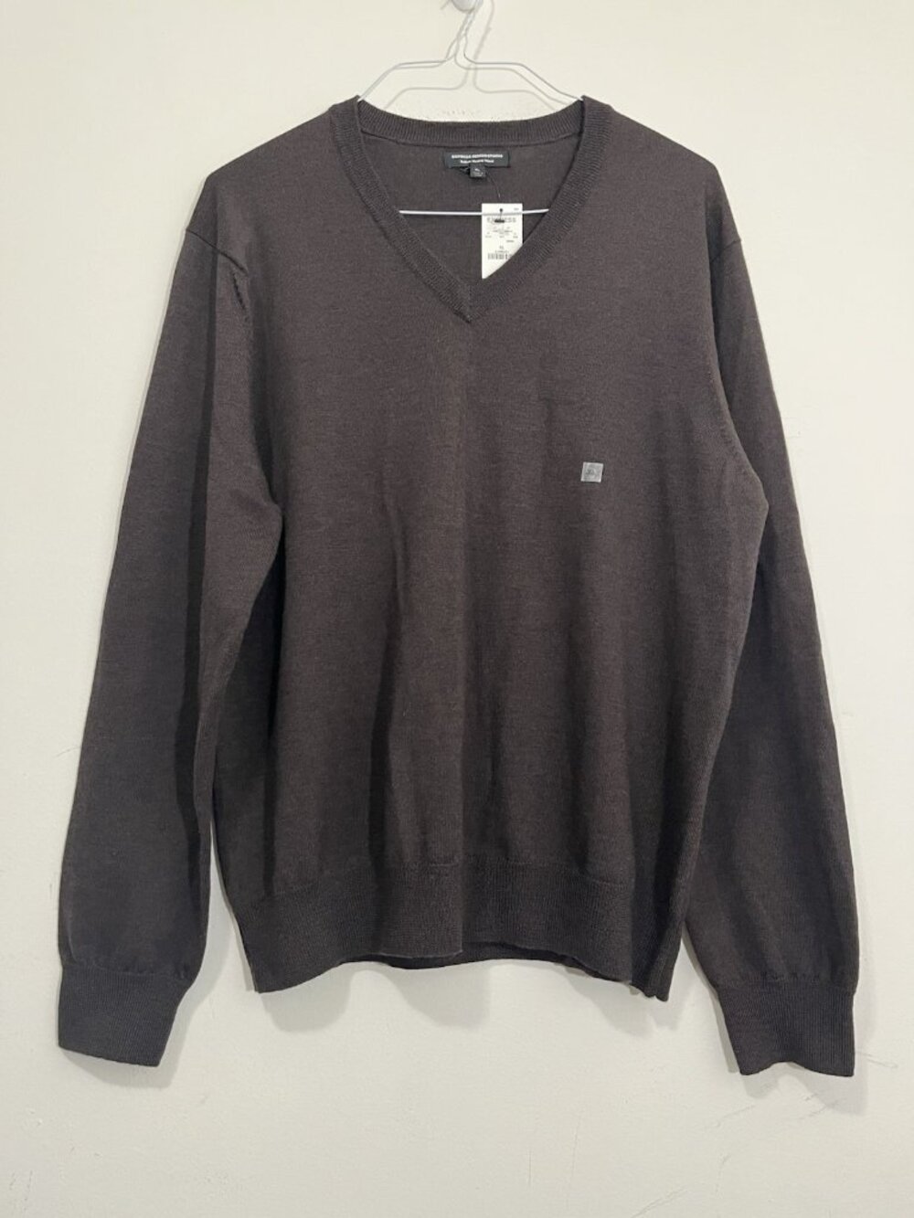 NWT Express Mens XL 100% Merino Wool Sweater Brown V-Neck Lightweight Pullover